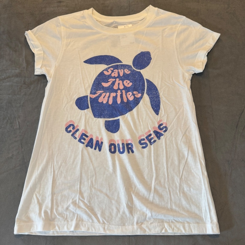 Project Karma Womens Graphic Tee S White Save The Turtles Retro Beachy Casual